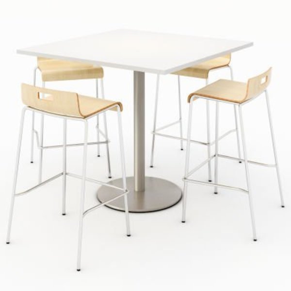Kfi KFI 42" Dining Table & 4 Barstool Set, Designer White Table With Natural Stools T42SQ-B1922SL-38-D354-BR9333-4-NA
